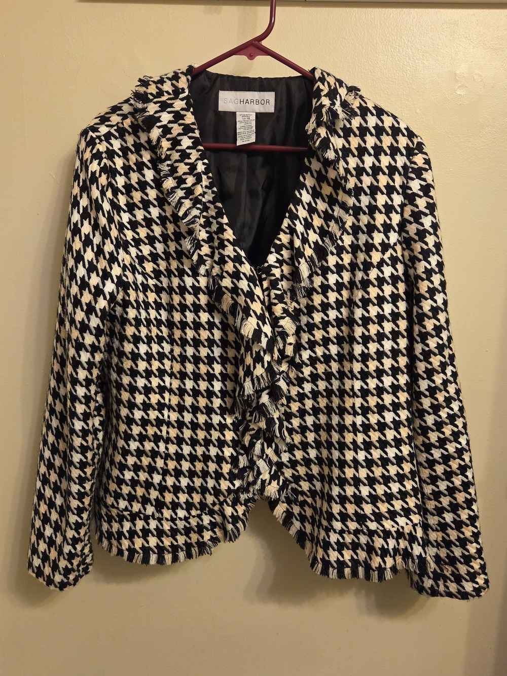 Vintage Sag Harbor Tweed Houndstooth Fringed Blazer Jacket 18 Preppy Academia